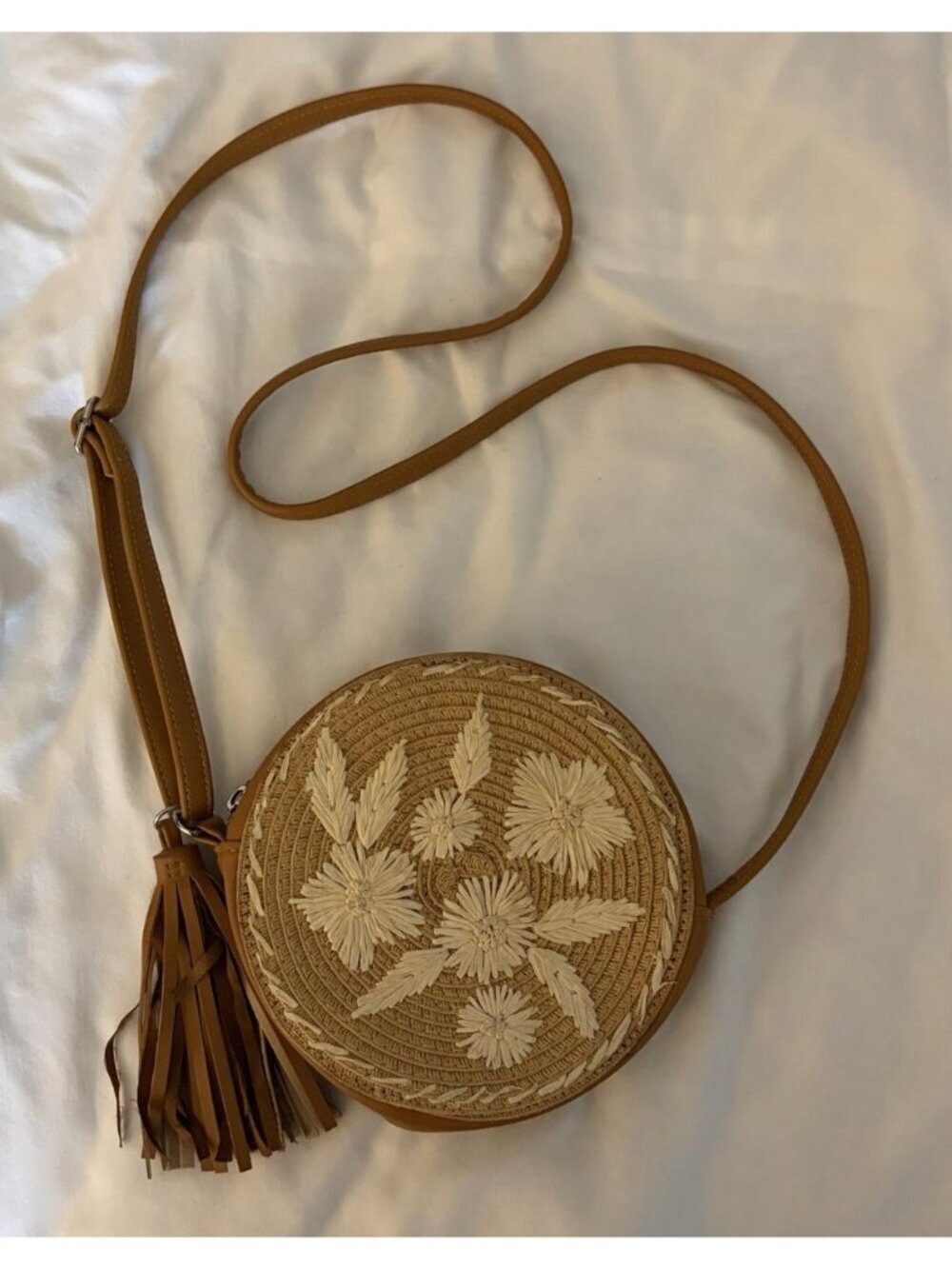 Brown Stitched Flowers Faux Leather Crossbody Purse Round Art Class